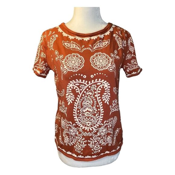 Zara Paisley Print Graphic Tee Rust White Rust Knit Short Sleeve Crewneck S - Picture 1 of 4
